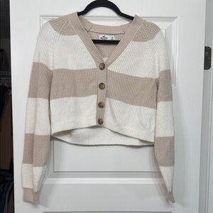 HOLLISTER | Beige and White Striped Cropped Cardigan | SIZE XS